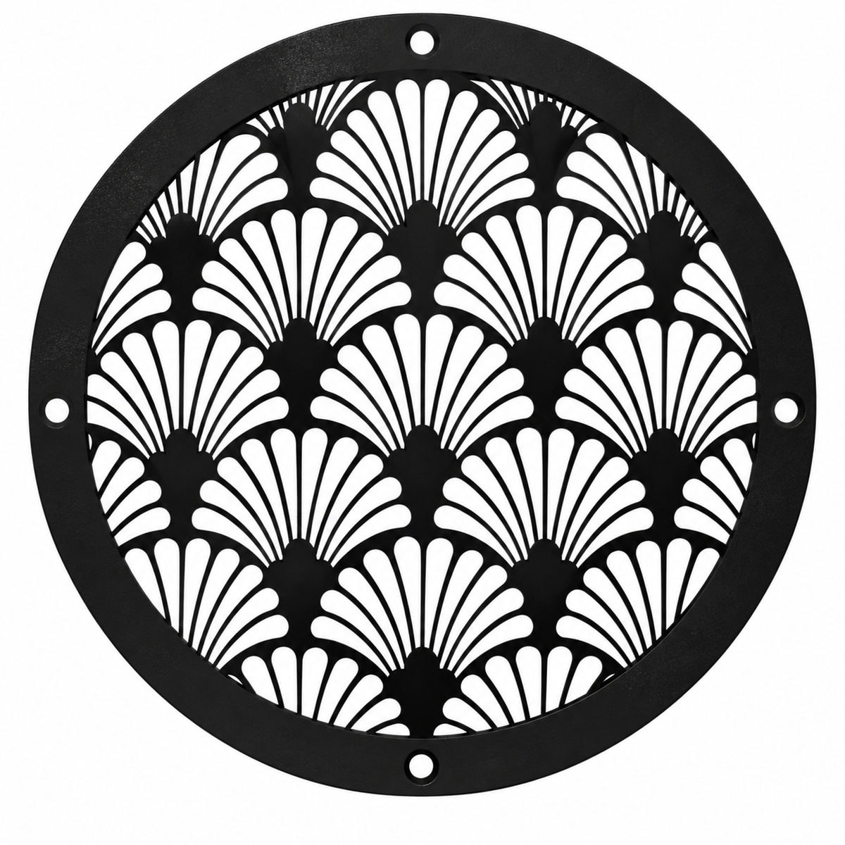Round Art Deco metal vent cover with decorative fan pattern