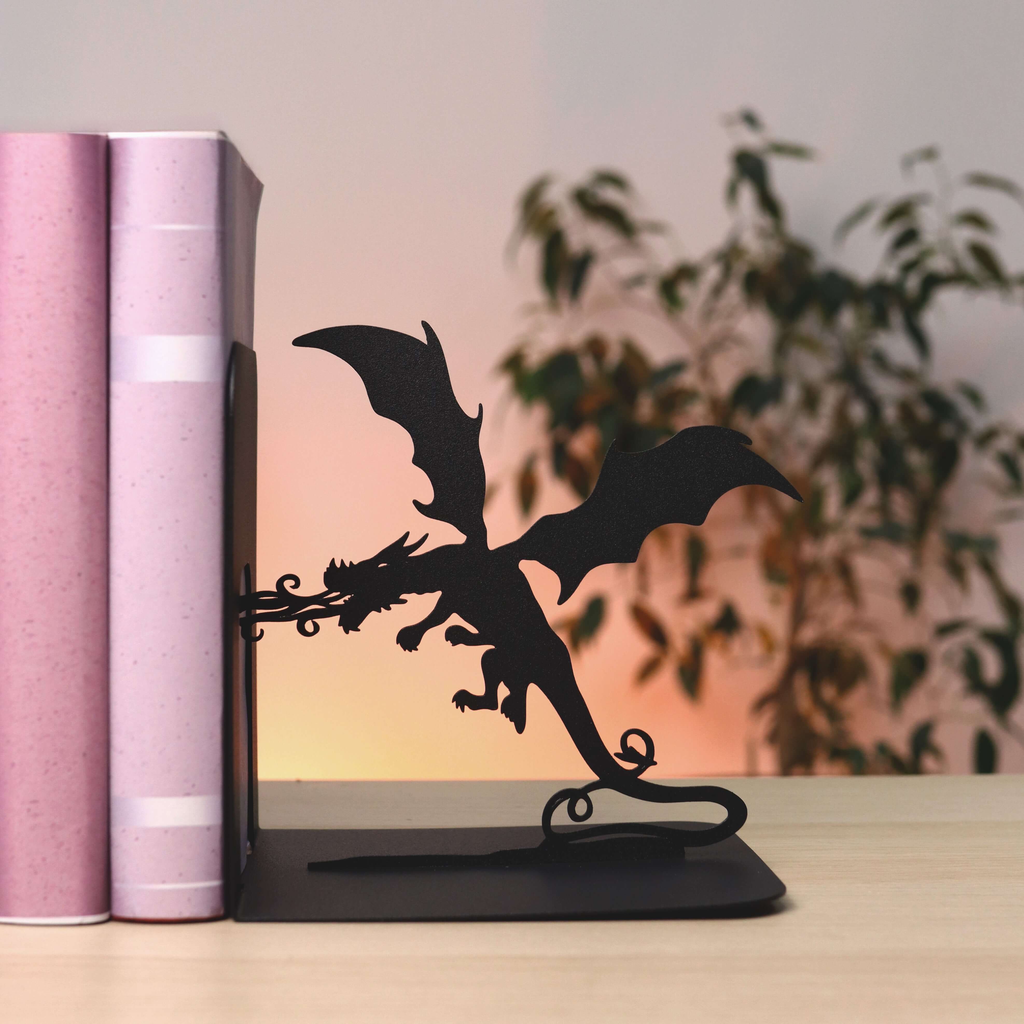 Metal Bookends – Dragon & Wizard Steel Holder Fantasy Shelf Decor