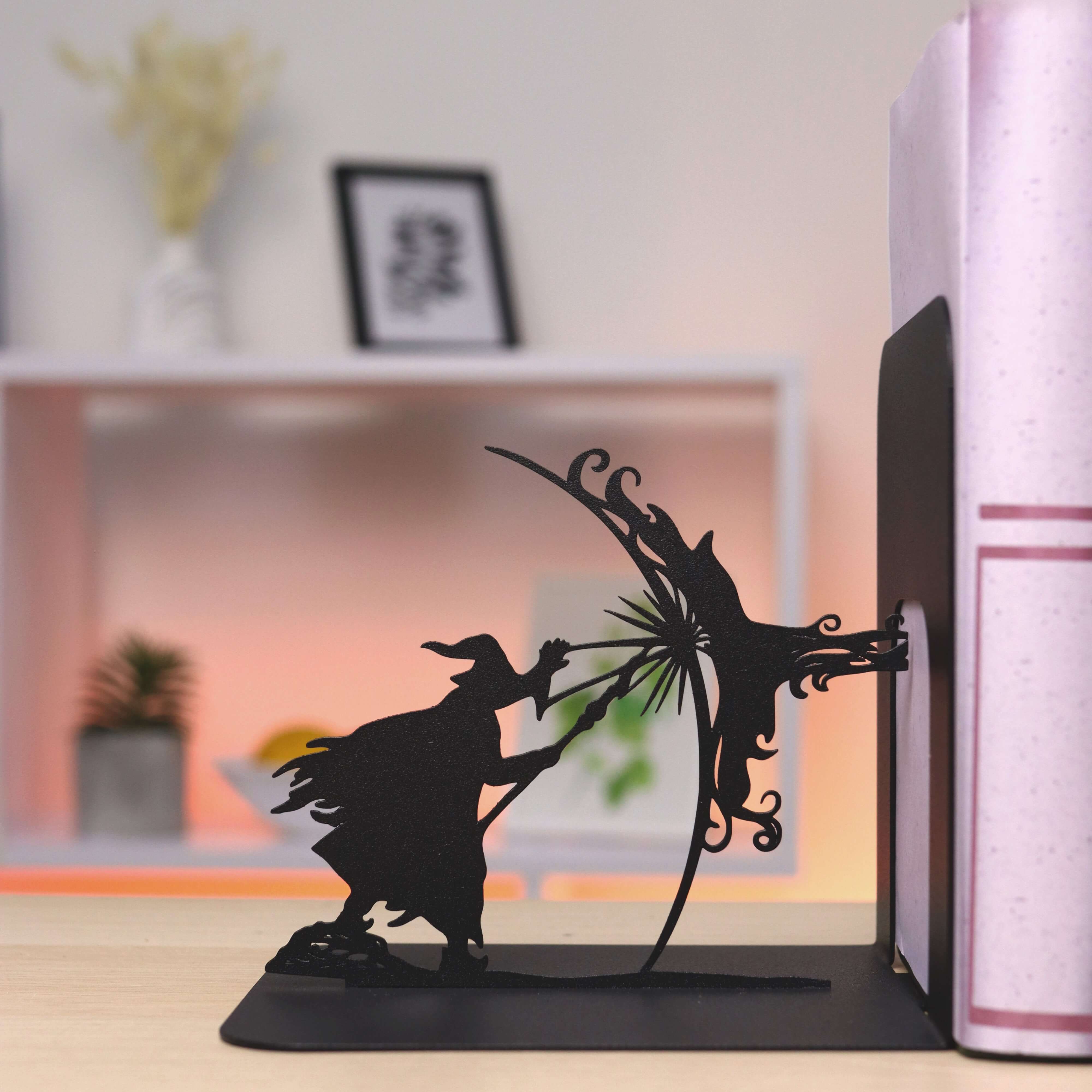 Metal Bookends – Dragon & Wizard Steel Holder Fantasy Shelf Decor