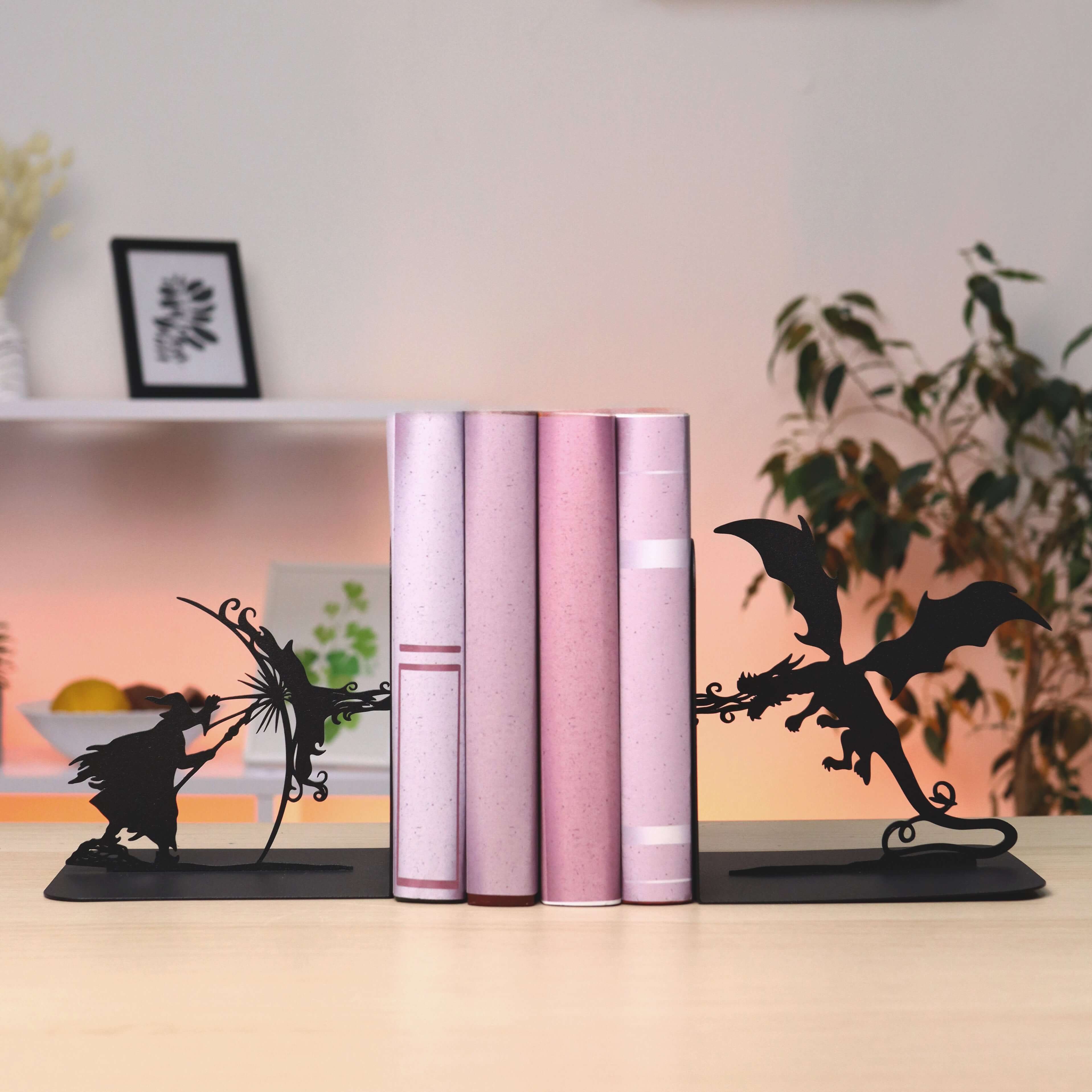 Metal Bookends – Dragon & Wizard Steel Holder Fantasy Shelf Decor