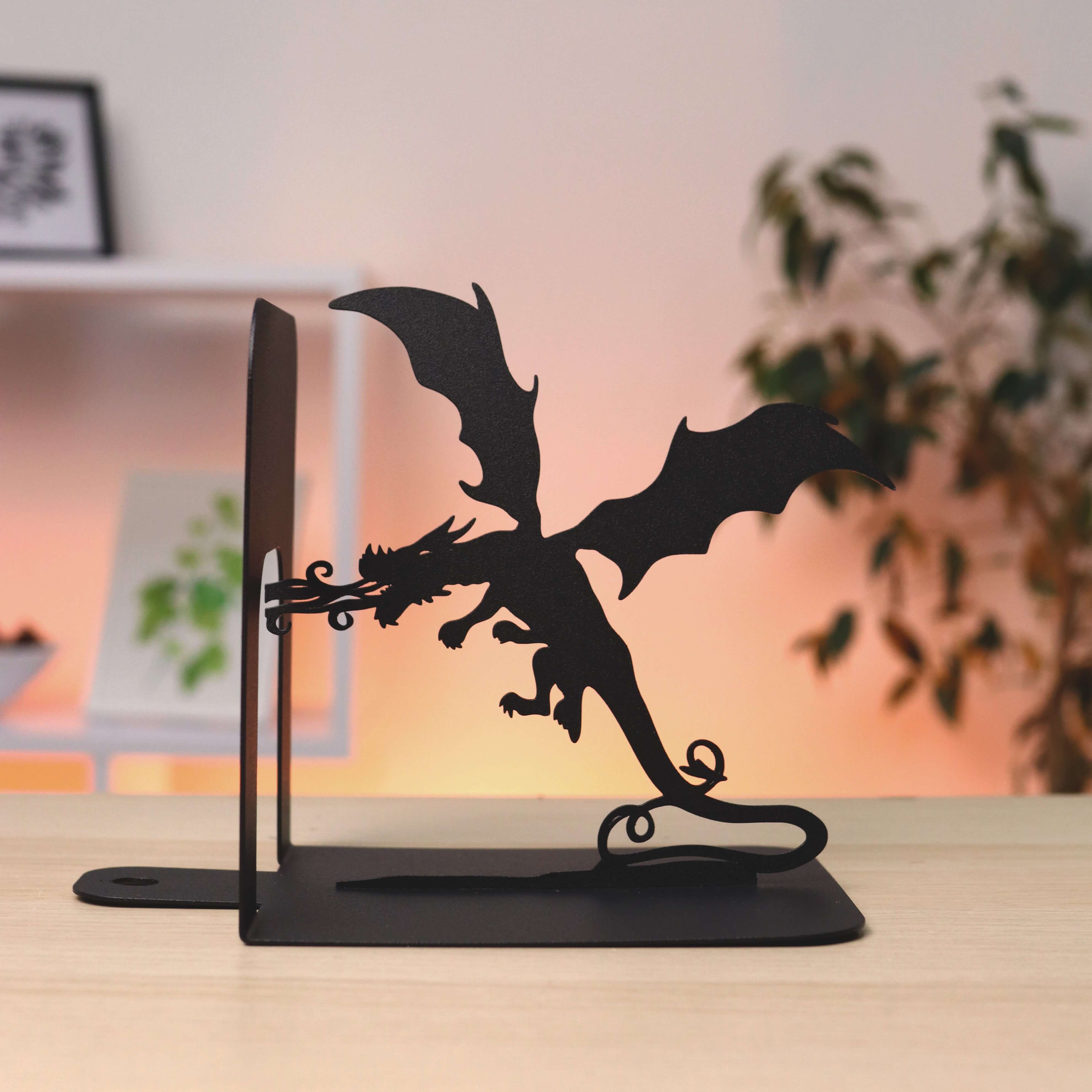 Metal Bookends – Dragon & Wizard Steel Holder Fantasy Shelf Decor