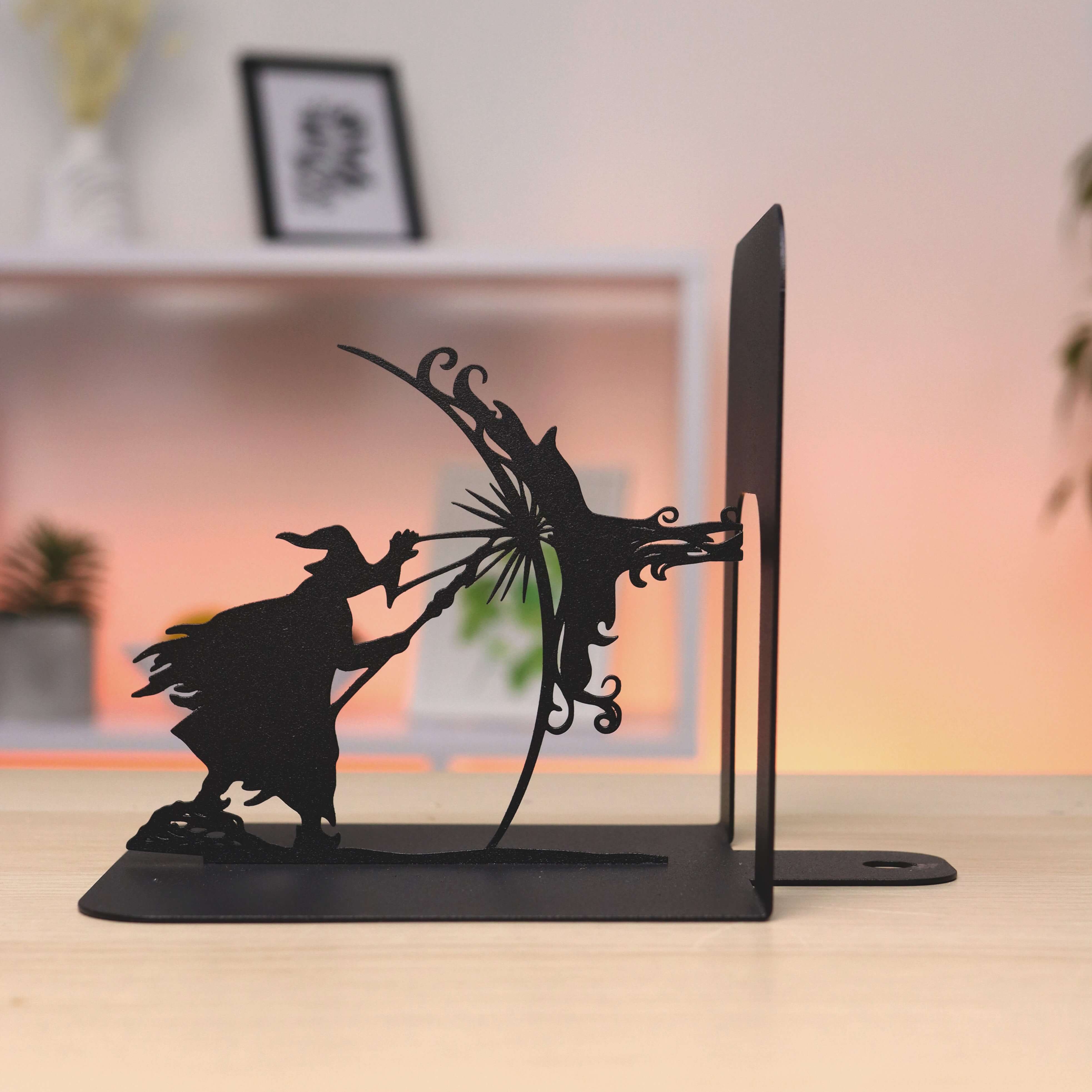 Metal Bookends – Dragon & Wizard Steel Holder Fantasy Shelf Decor