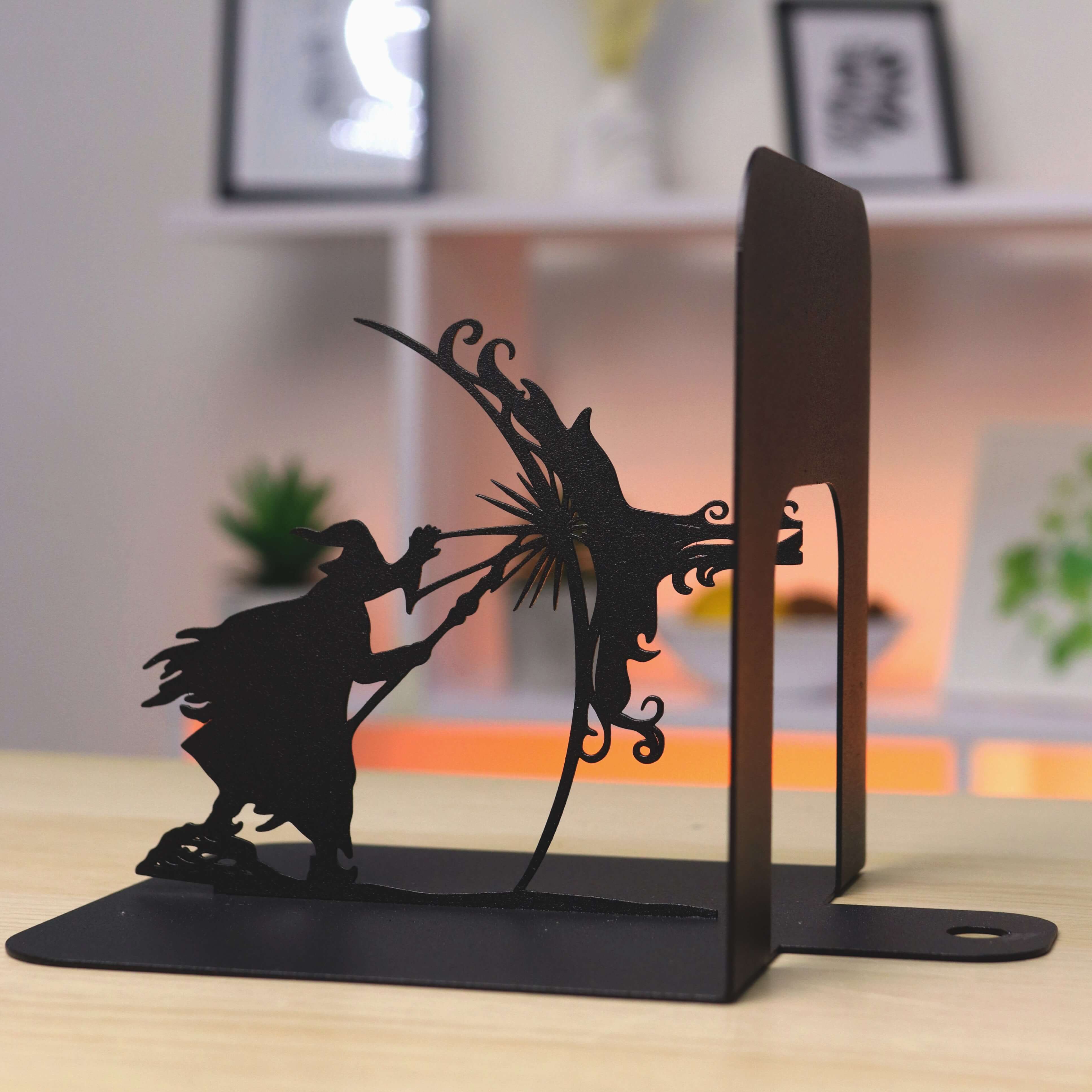 Metal Bookends – Dragon & Wizard Steel Holder Fantasy Shelf Decor