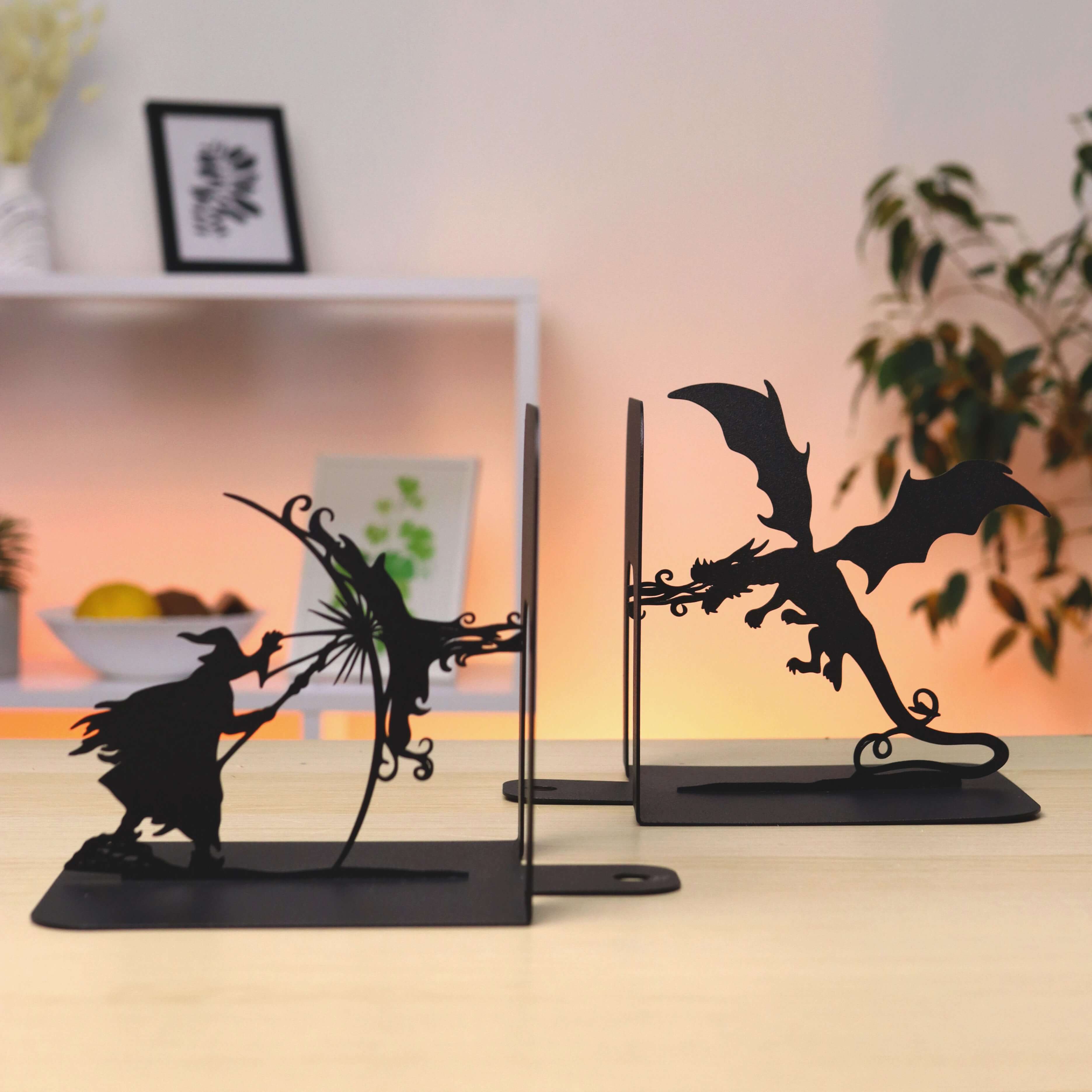 Metal Bookends – Dragon & Wizard Steel Holder Fantasy Shelf Decor