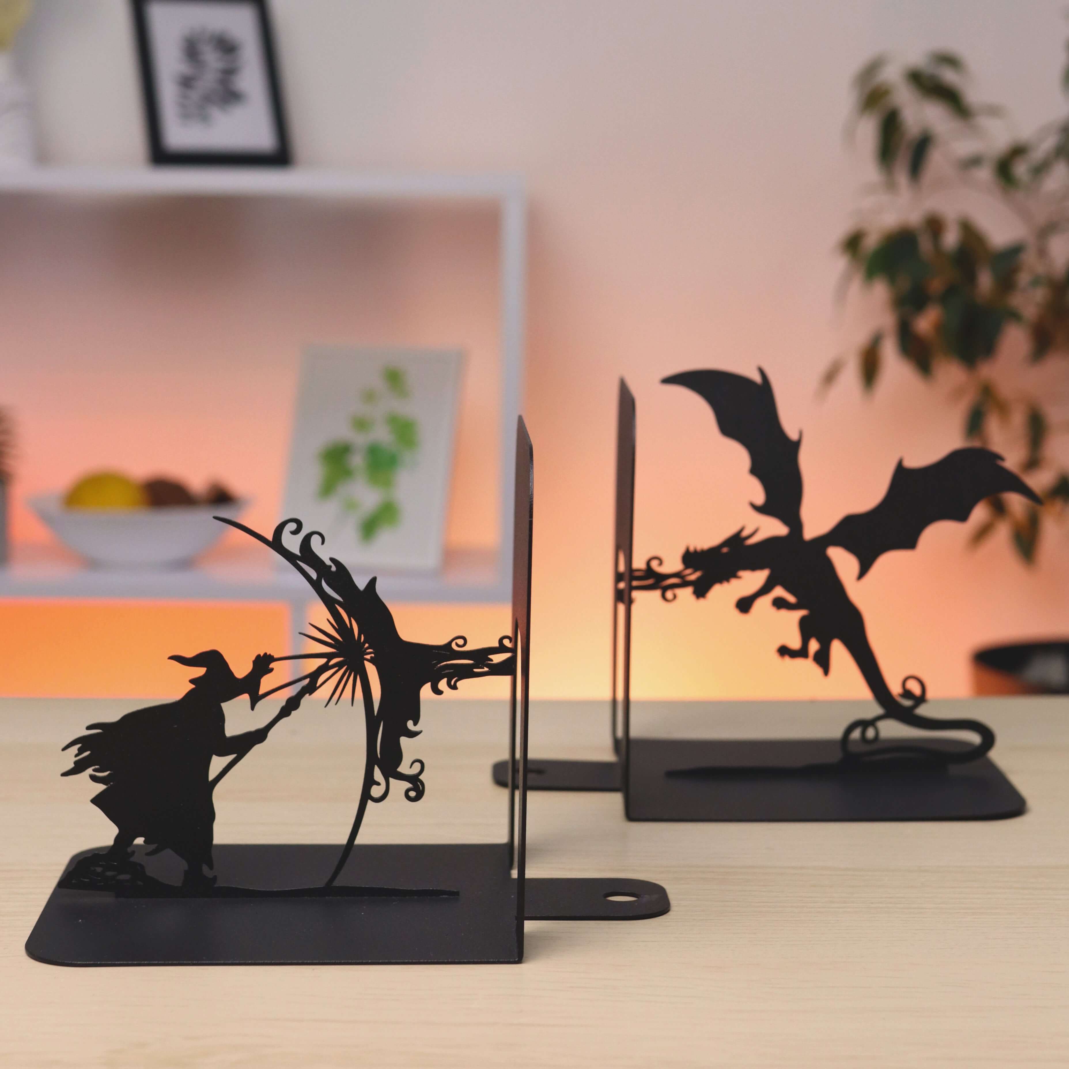 Metal Bookends – Dragon & Wizard Steel Holder Fantasy Shelf Decor