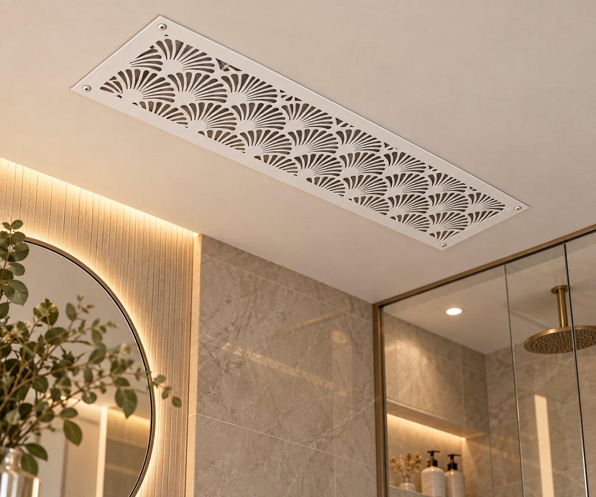 Art Deco decorative metal vent cover with geometric laser-cut grille patterns