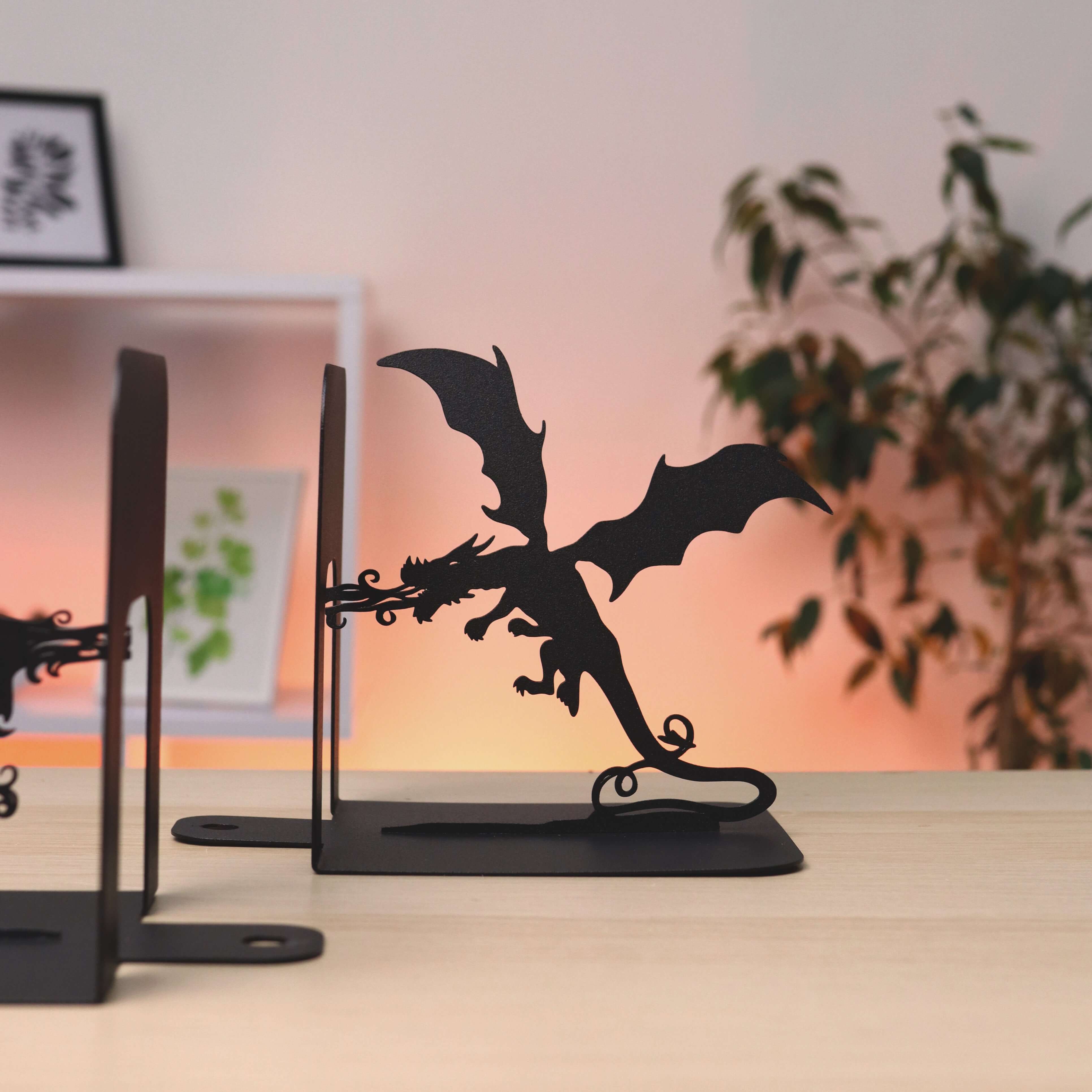 Metal Bookends – Dragon & Wizard Steel Holder Fantasy Shelf Decor