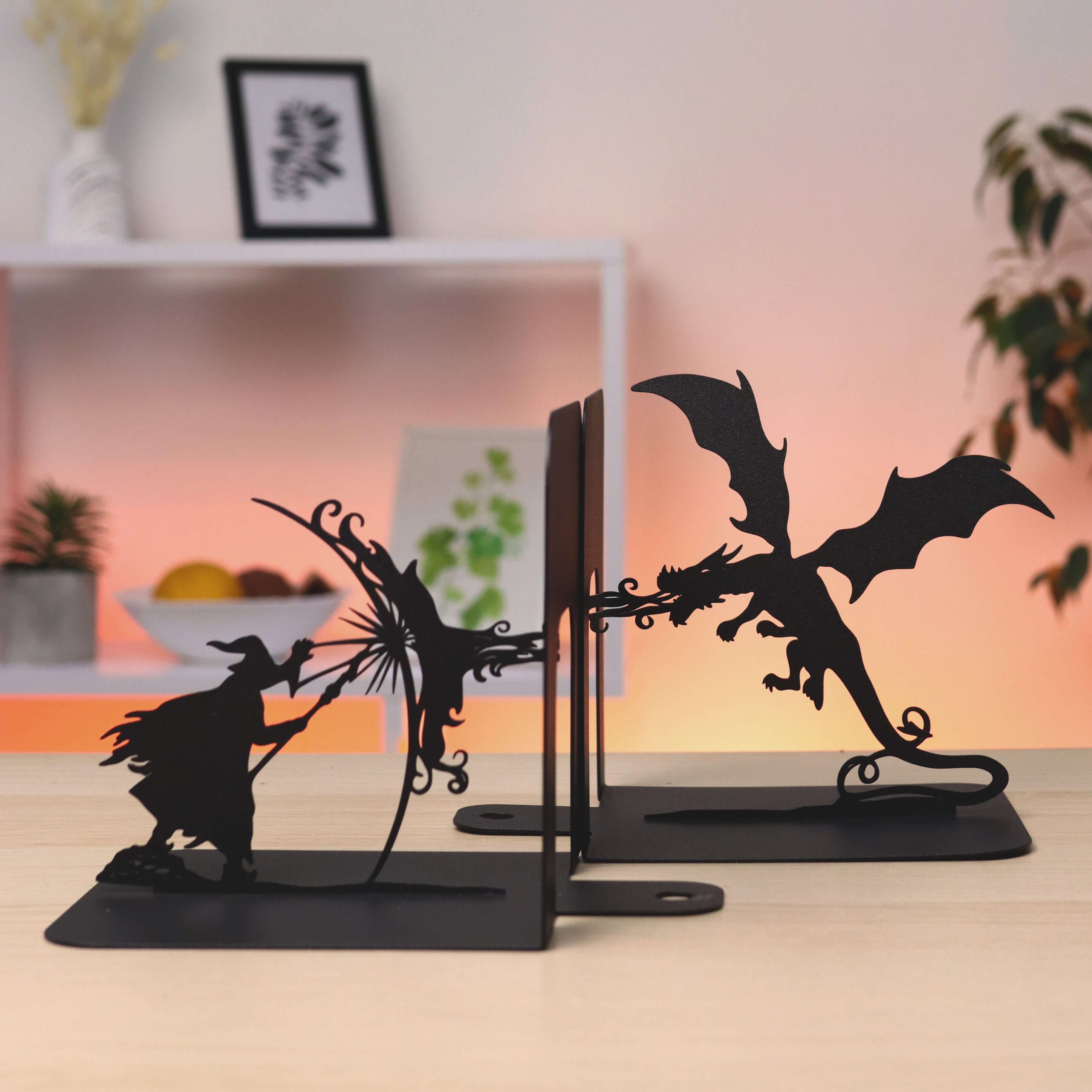 Metal Bookends – Dragon & Wizard Steel Holder Fantasy Shelf Decor