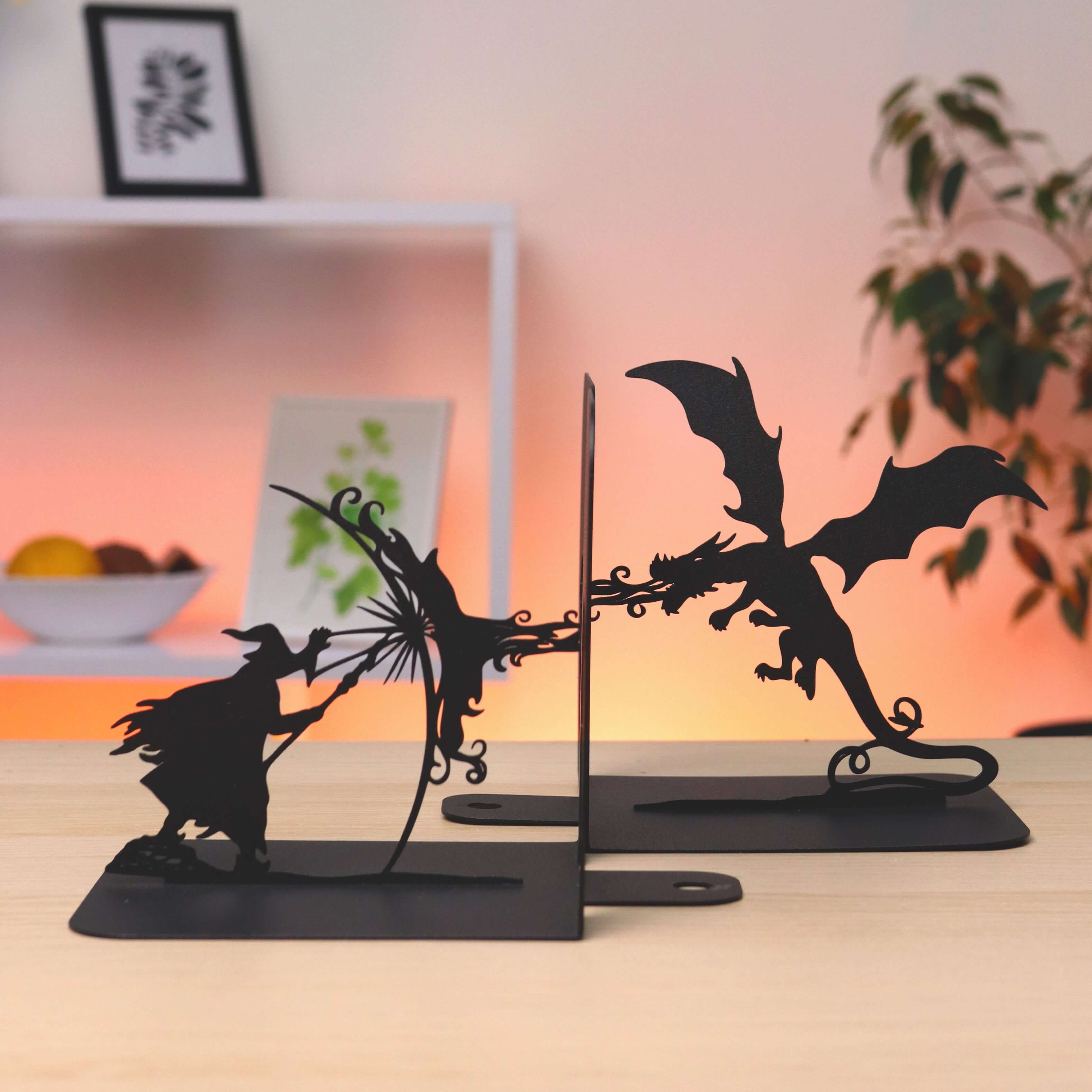 Metal Bookends – Dragon & Wizard Steel Holder Fantasy Shelf Decor