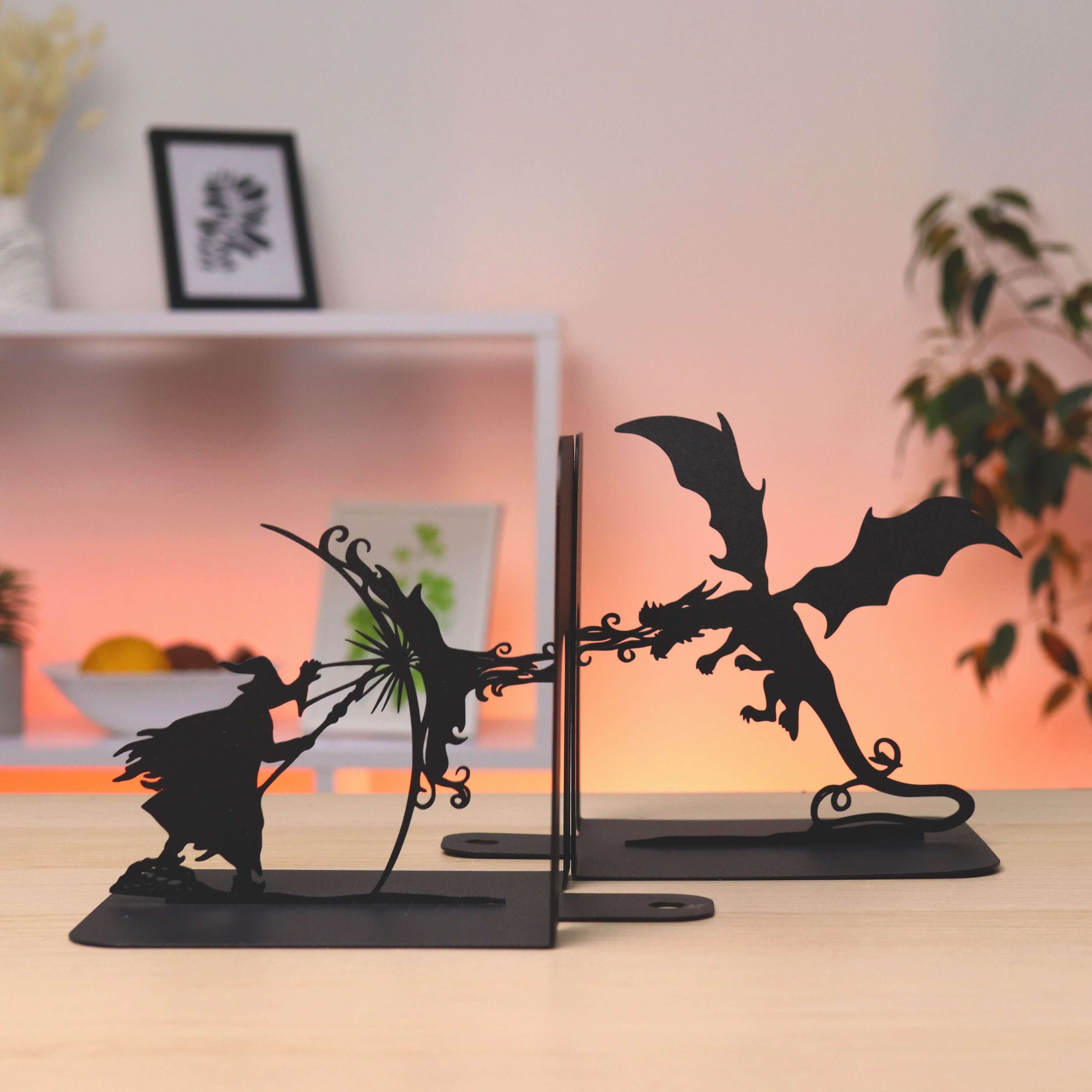 Metal Bookends – Dragon & Wizard Steel Holder Fantasy Shelf Decor