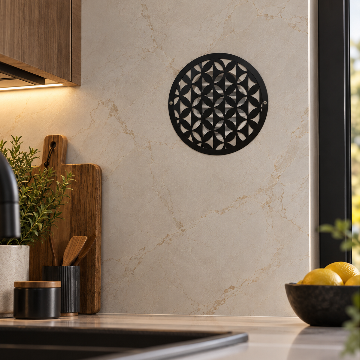 Round geometric metal vent cover with repeating modern pattern