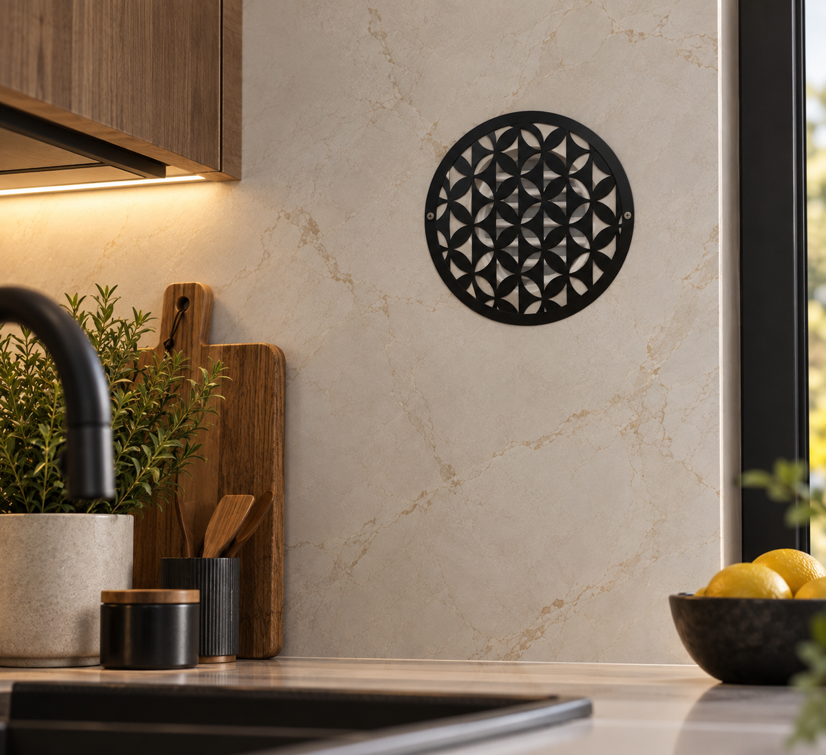Round geometric metal vent cover with repeating modern pattern