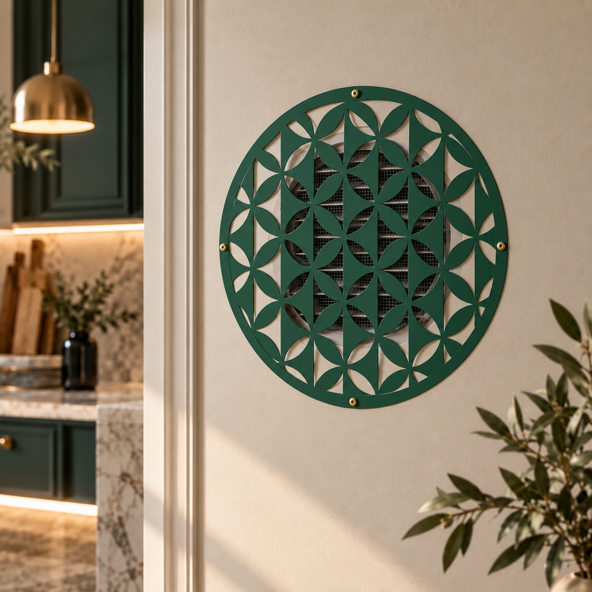 Round geometric metal vent cover with repeating modern pattern