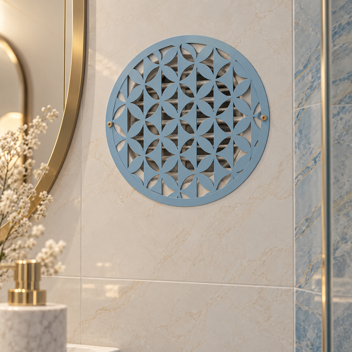 Round geometric metal vent cover with repeating modern pattern