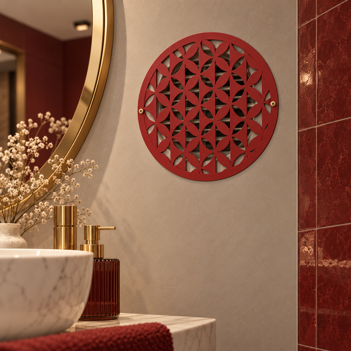 Round geometric metal vent cover with repeating modern pattern
