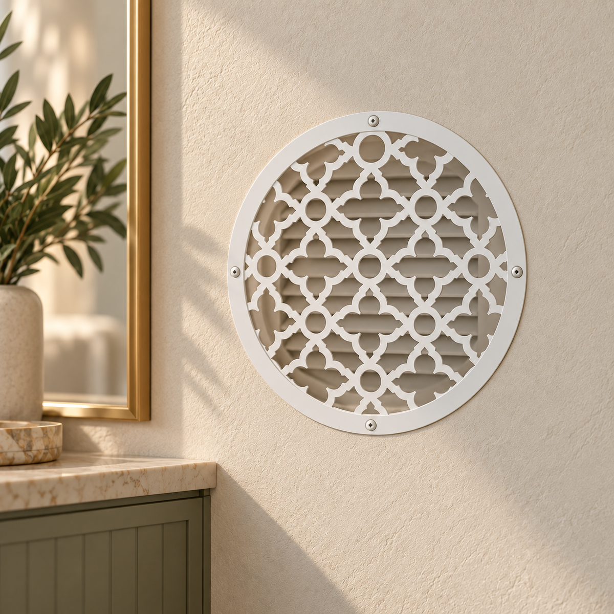 Round Victorian metal vent cover with ornate decorative pattern