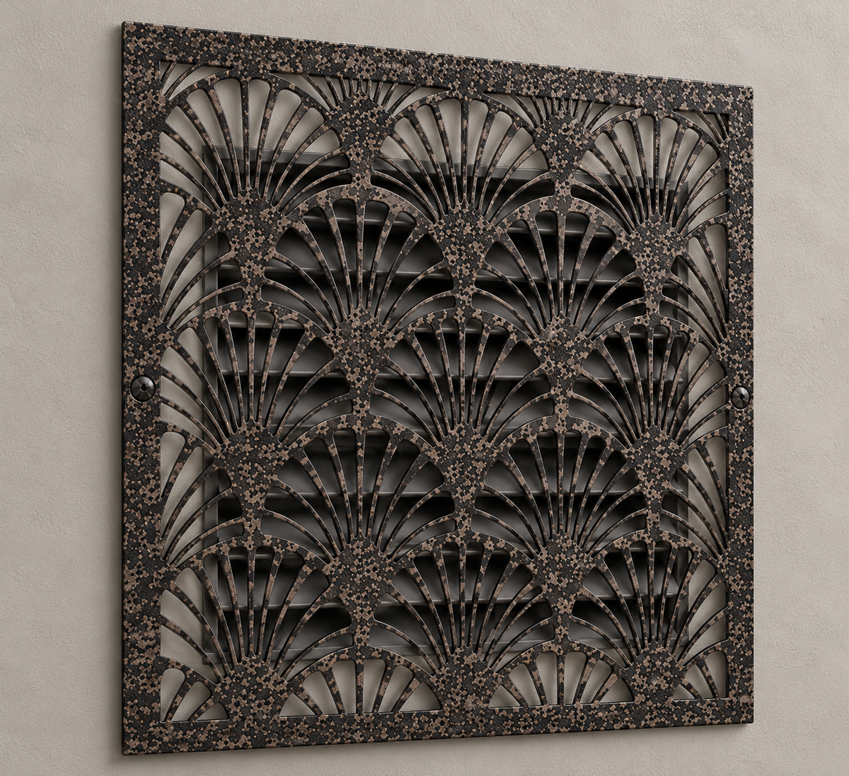 Art Deco decorative metal vent cover with geometric laser-cut grille patterns