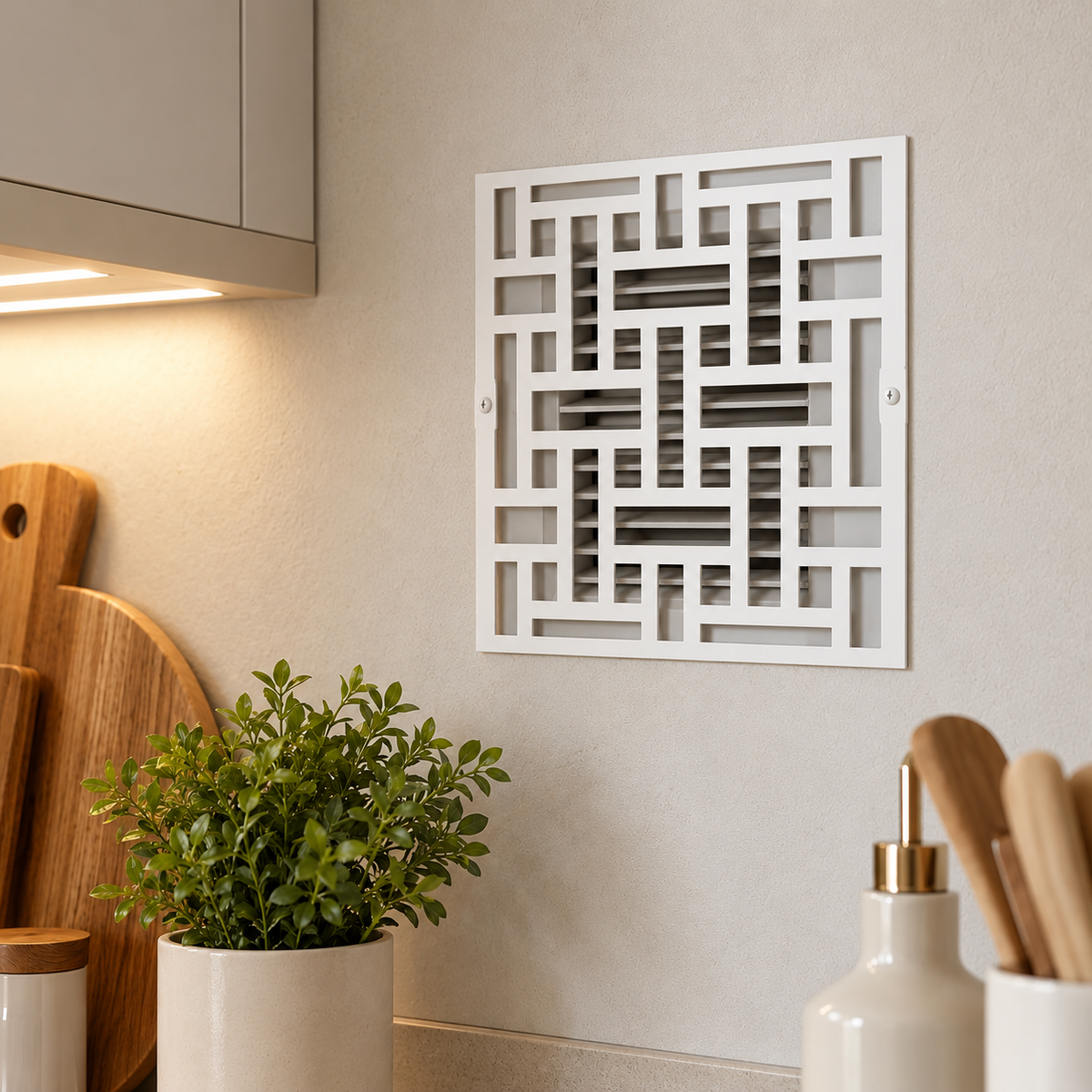 Geometric decorative metal vent cover with modern laser-cut patterns