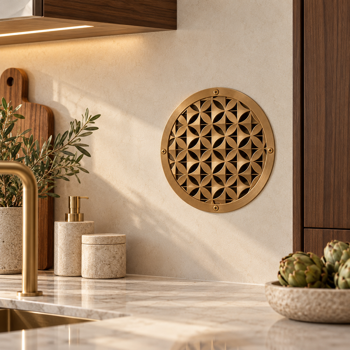 Round geometric metal vent cover with repeating modern pattern