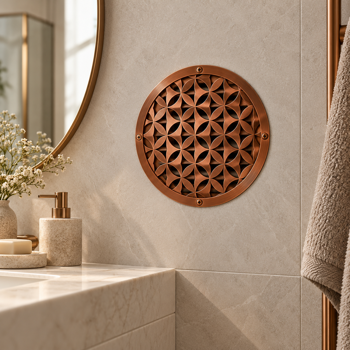 Round geometric metal vent cover with repeating modern pattern
