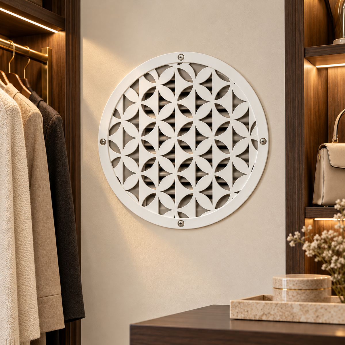 Round geometric metal vent cover with repeating modern pattern