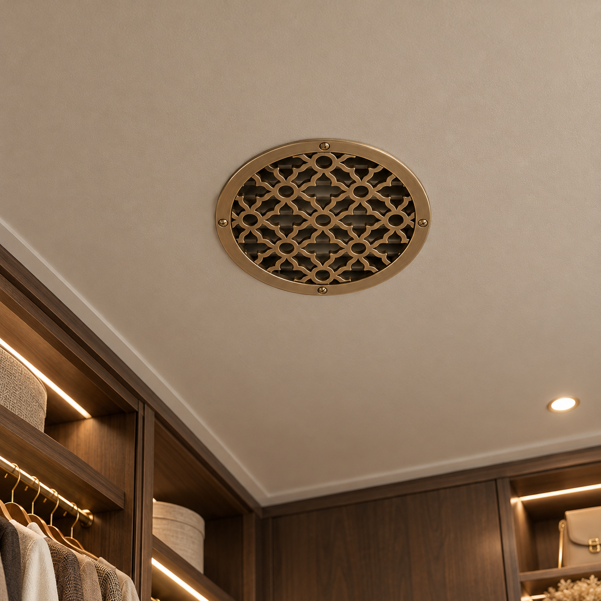 Round Victorian metal vent cover with ornate decorative pattern