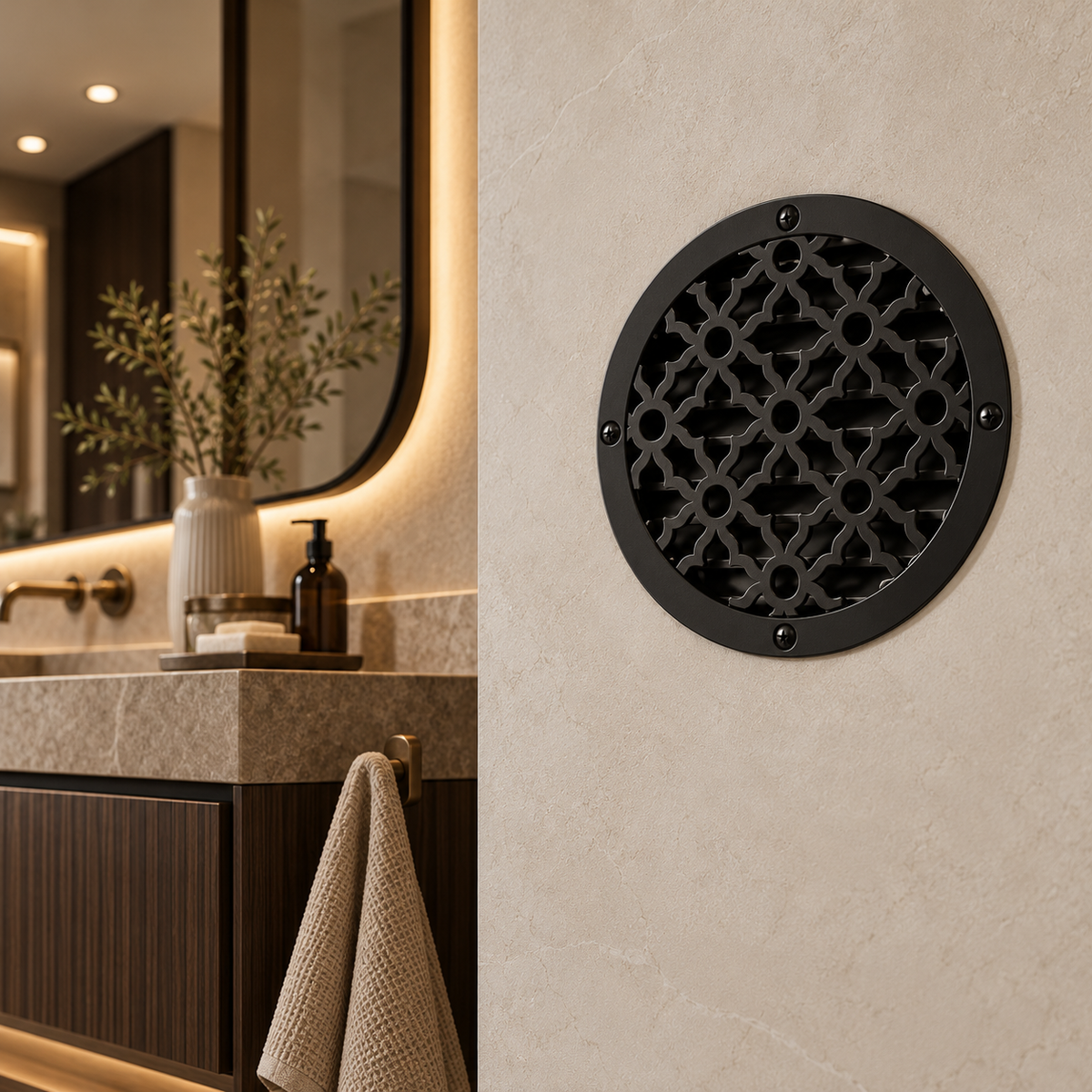 Round Victorian metal vent cover with ornate decorative pattern