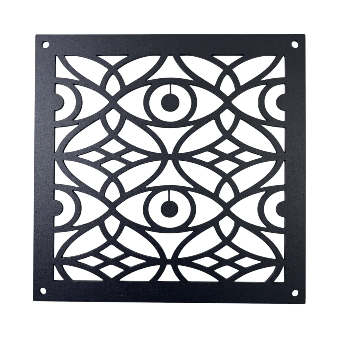 A square black metal wall clock with an intricate cutout geometric pattern featuring stylized eyes and curved lines, set against a plain white background.