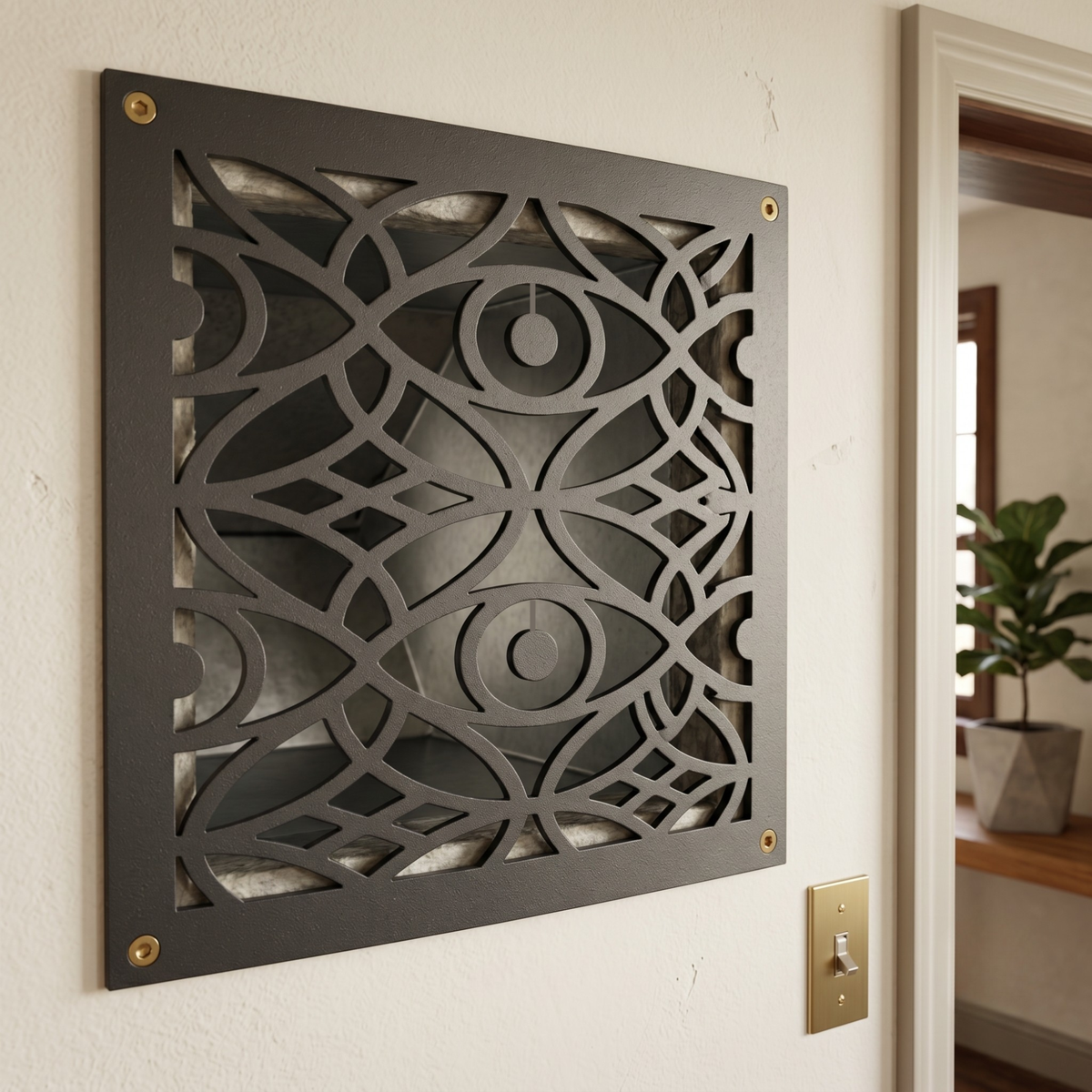 A square black metal decorative wall panel with an intricate geometric cutout pattern, mounted on a textured off-white wall next to a brass light switch.