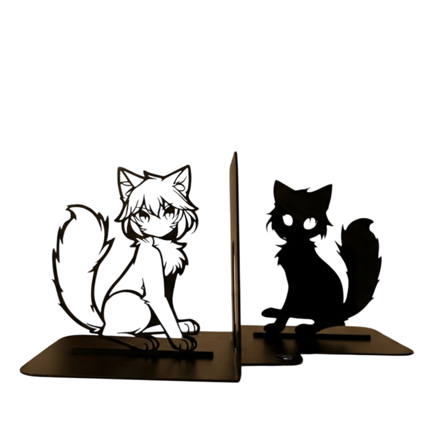 Anime Cat Metal Bookends with Silhouette Design, Powder-Coated Steel - Metaloslav 