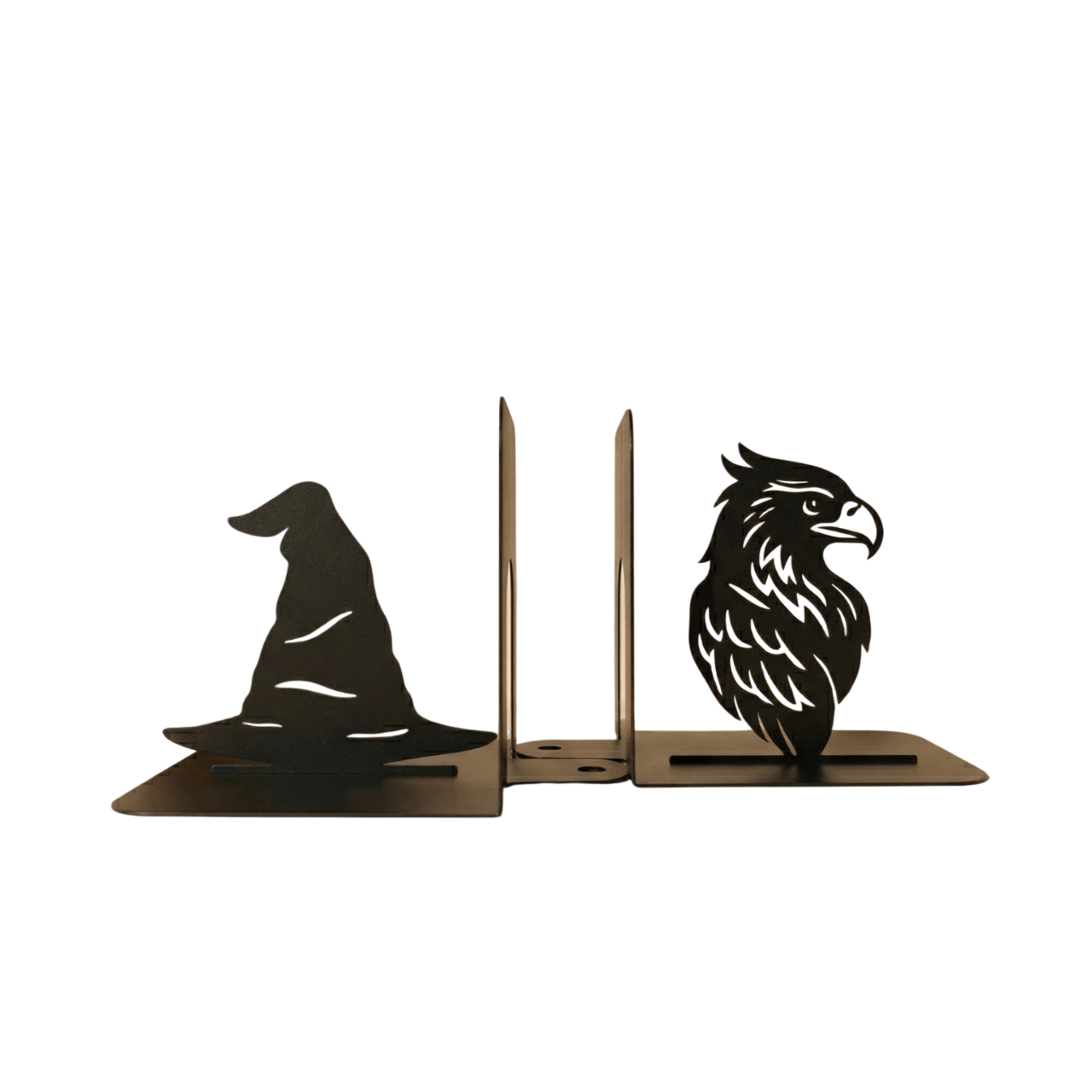 Handmade steel Witch Hat and Eagle metal bookends with powder-coated finish for bookshelves and home office décor