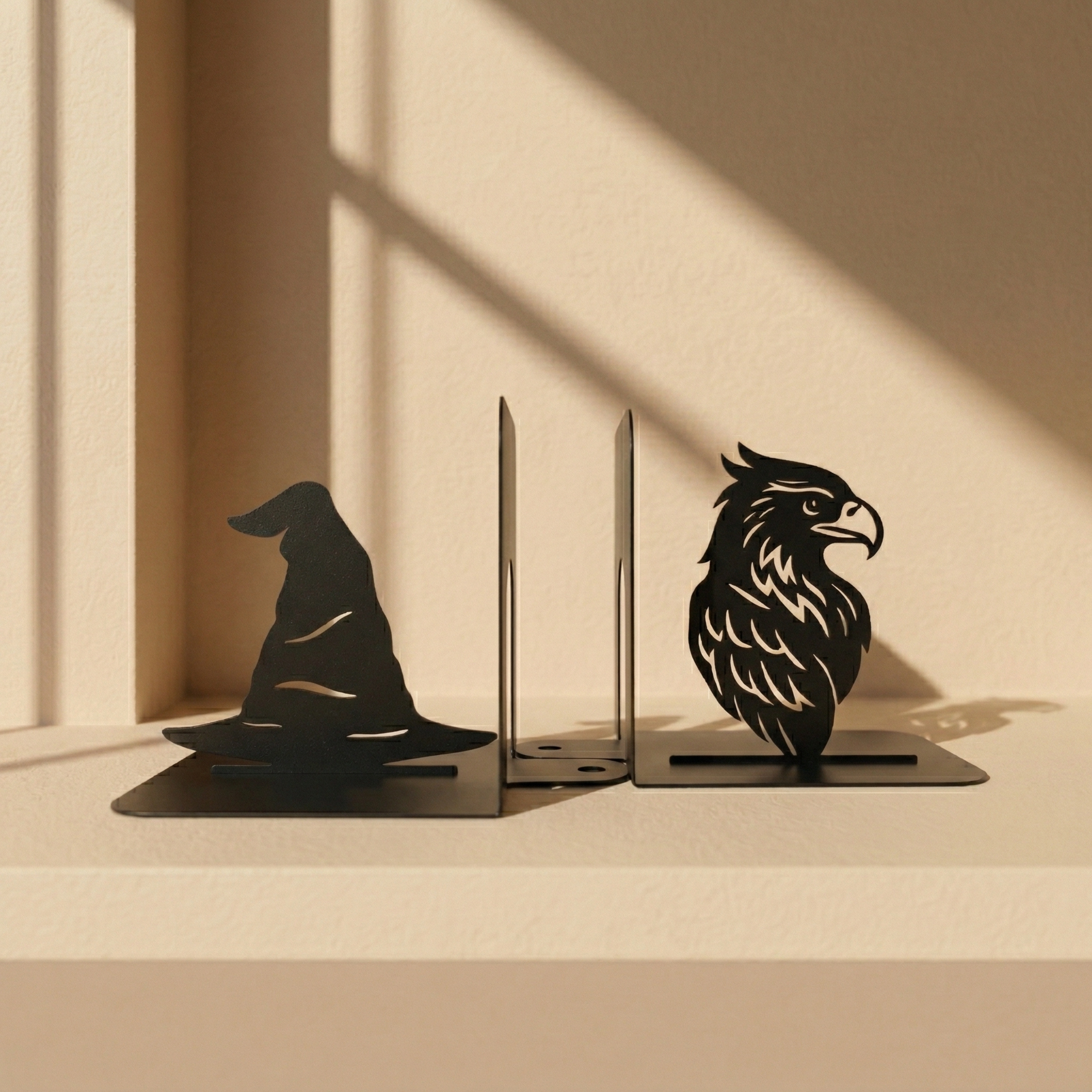 Handmade steel Witch Hat and Eagle metal bookends with powder-coated finish for bookshelves and home office décor
