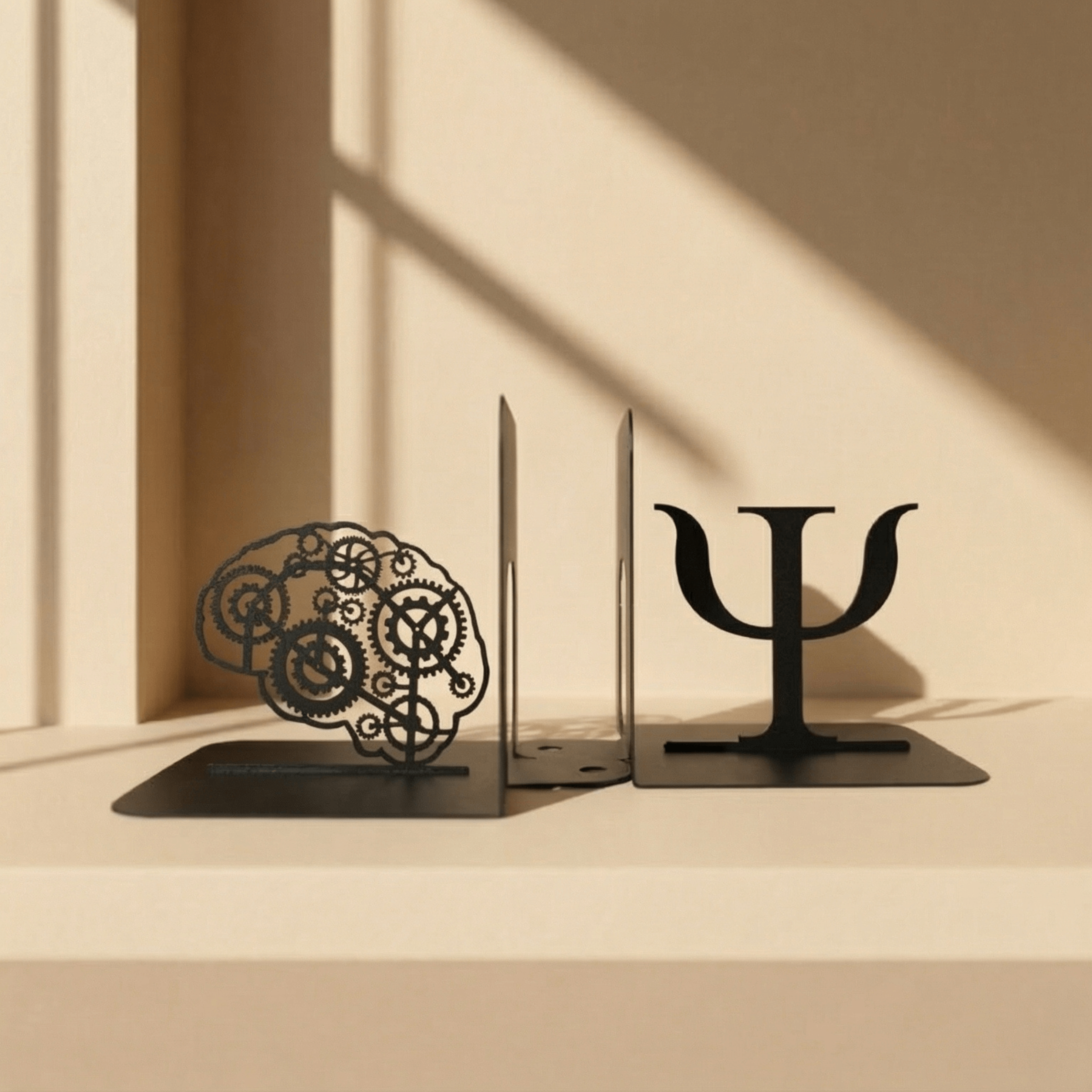 Black metal bookends shaped like a brain and Psi symbol on a beige surface with soft shadows.