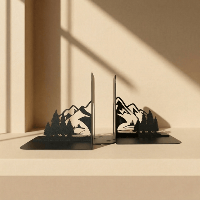 Metal Bookends Pair with Mountain and Forest Landscape Silhouette - Metaloslav 