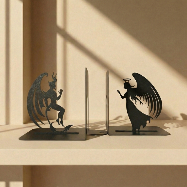 Metal Angel and Devil Bookends in Powder-Coated Steel - Metaloslav 