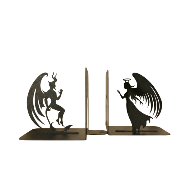 Metal Angel and Devil Bookends in Powder-Coated Steel - Metaloslav 