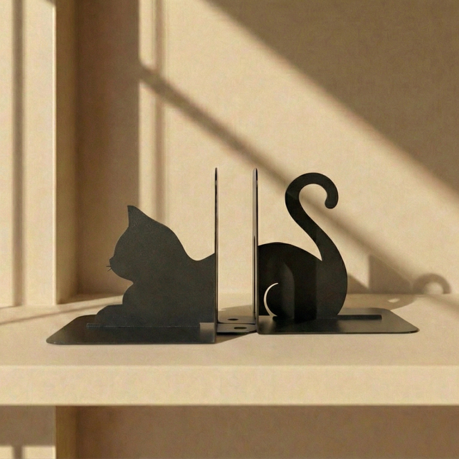Metal Cat Silhouette Bookends in Powder-Coated Steel - Metaloslav 
