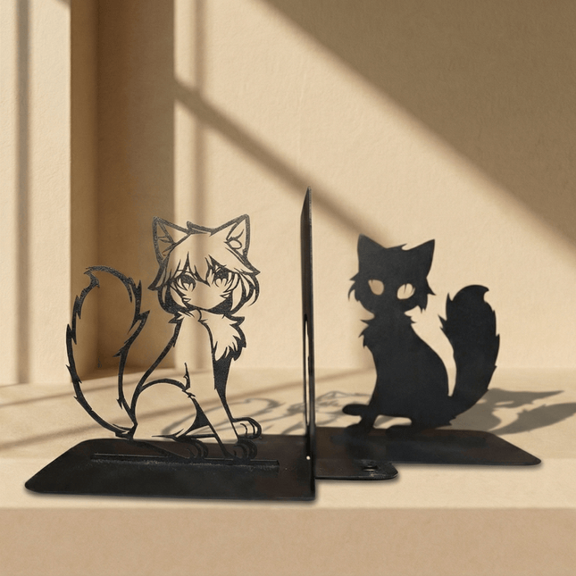 Anime Cat Metal Bookends with Silhouette Design, Powder-Coated Steel - Metaloslav 