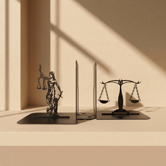 Lady Justice and Scales Metal Bookends Set Powder Coated Steel - Metaloslav 