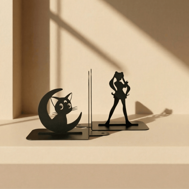 Metal Bookends Pair with Anime Girl and Cat Silhouette Design - Metaloslav 