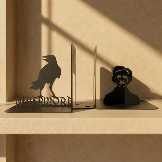 Edgar Allan Poe Raven Metal Bookends with Nevermore Quote - Metaloslav 