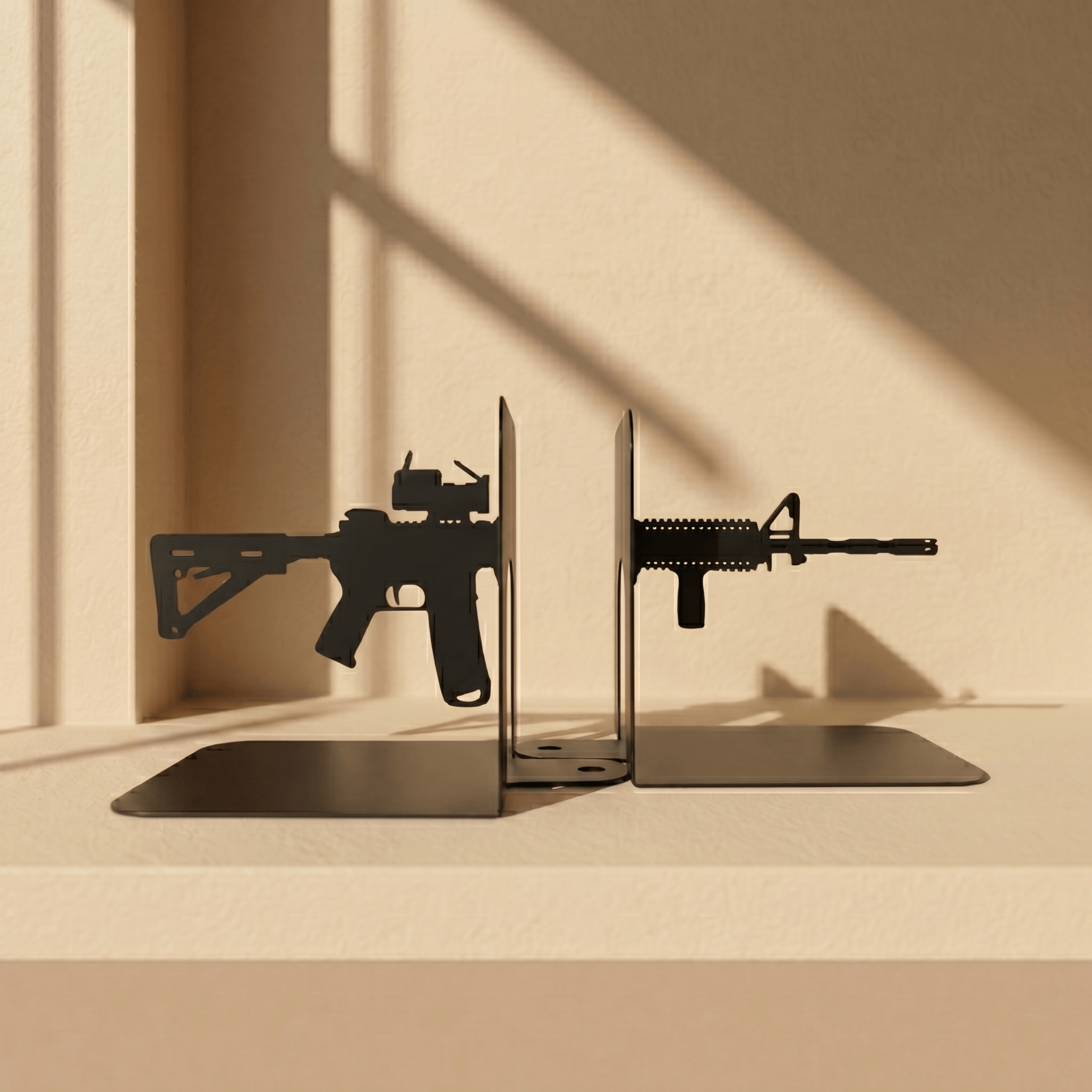 AR15 Rifle Silhouette Metal Bookends Set Powder Coated Steel - Metaloslav 