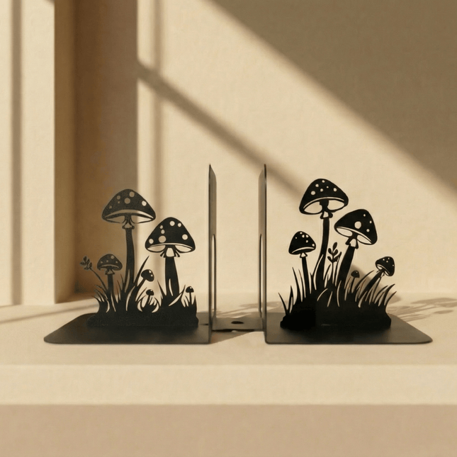 Metal Mushroom Bookends with Botanical Cutout Design - Metaloslav 