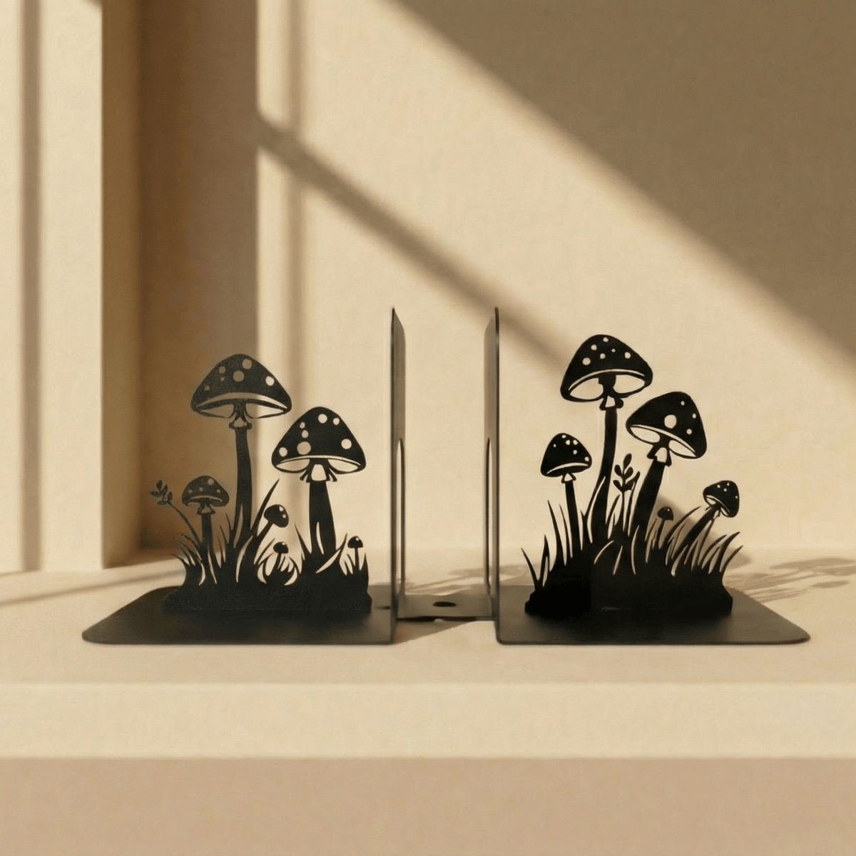 Metal Mushroom Bookends with Botanical Cutout Design - Metaloslav 