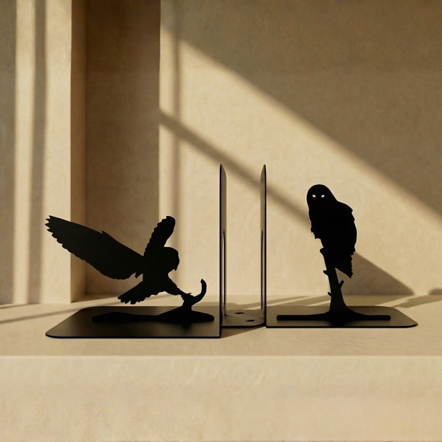 Owl Silhouette Metal Bookends in Powder-Coated Steel - Metaloslav 