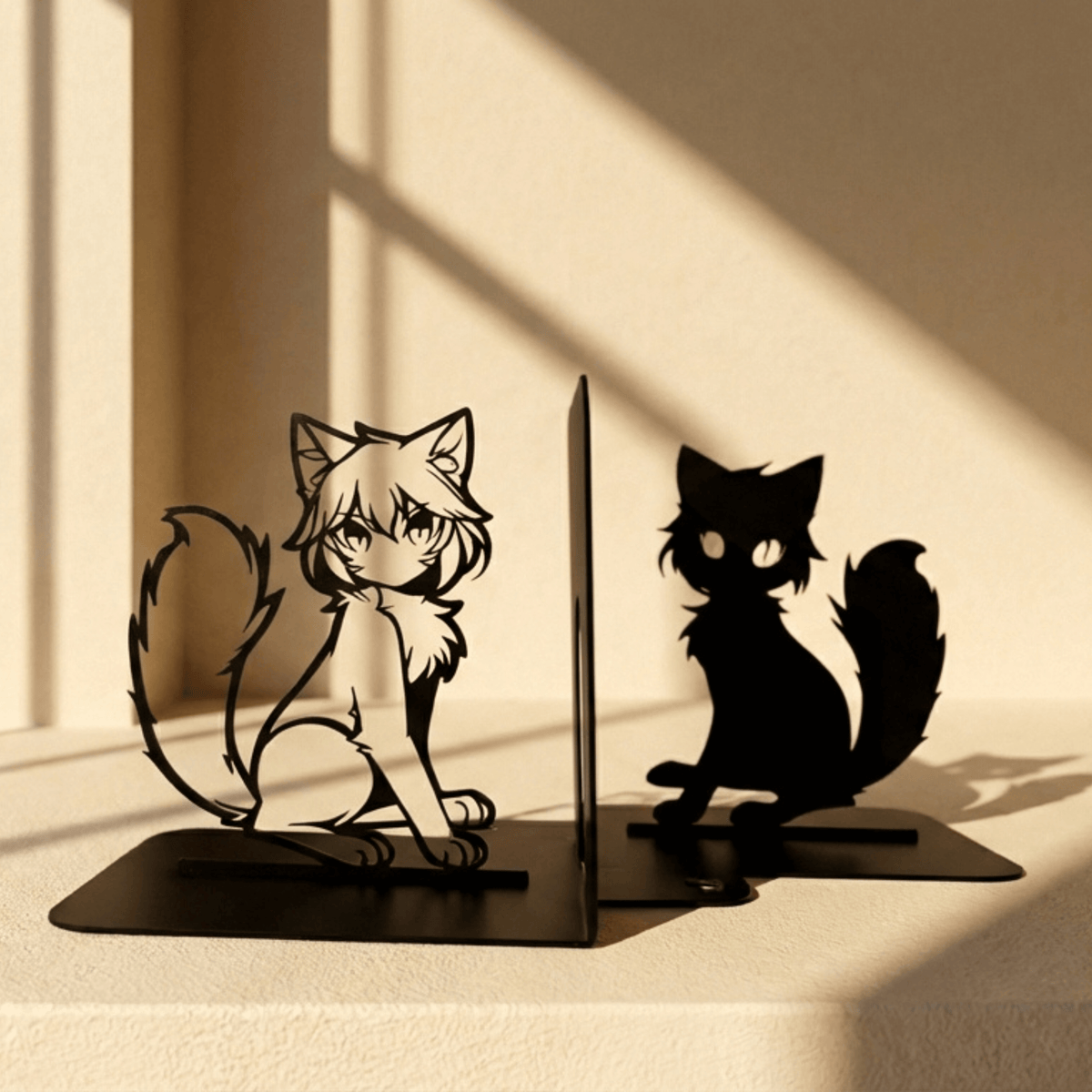 Anime Cat Metal Bookends with Silhouette Design, Powder-Coated Steel - Metaloslav 