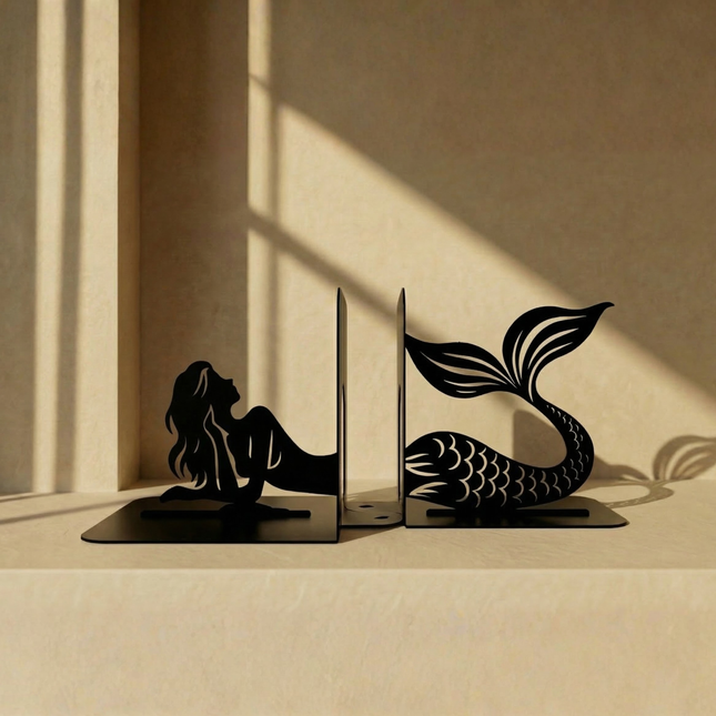 Mermaid Silhouette Metal Bookends in Powder-Coated Steel - Metaloslav 