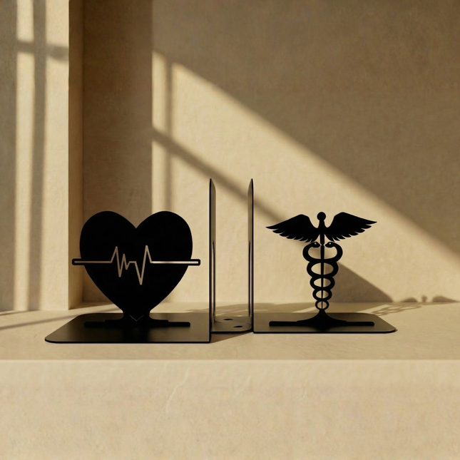 Heart Pulse and Caduceus Metal Bookends in Powder-Coated Steel - Metaloslav 