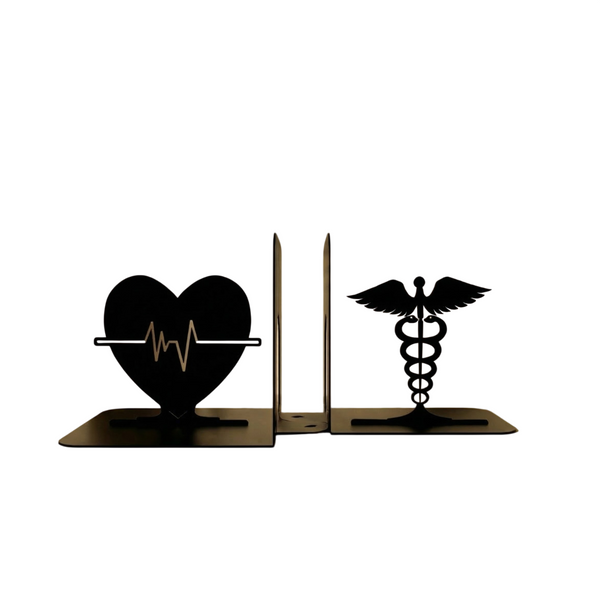Heart Pulse and Caduceus Metal Bookends in Powder-Coated Steel - Metaloslav 