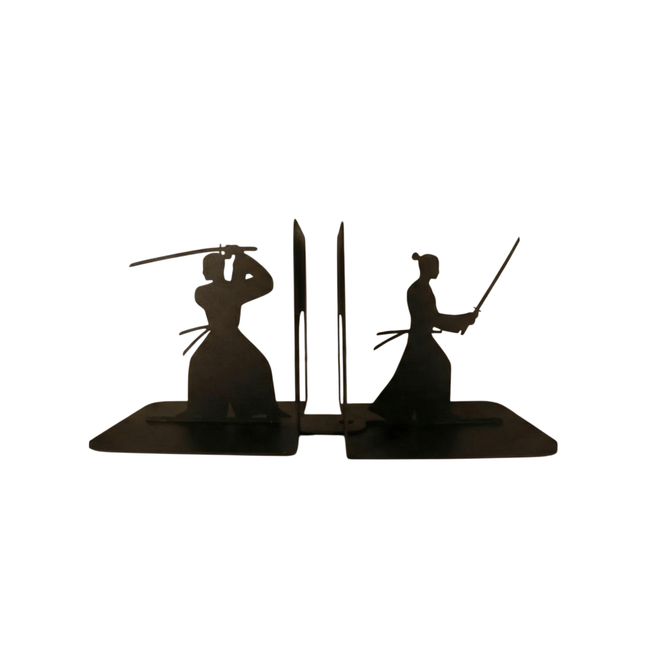 Metal Samurai Bookends with Warrior Silhouette Cutout Design - Metaloslav 